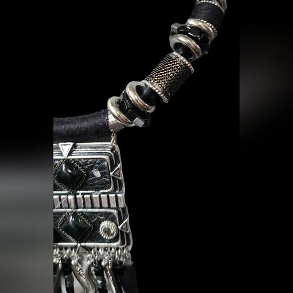 PARIS Necklace Tribal Ethnic Statement Black & Silver Solid Reversible 2… - Picture 8 of 12